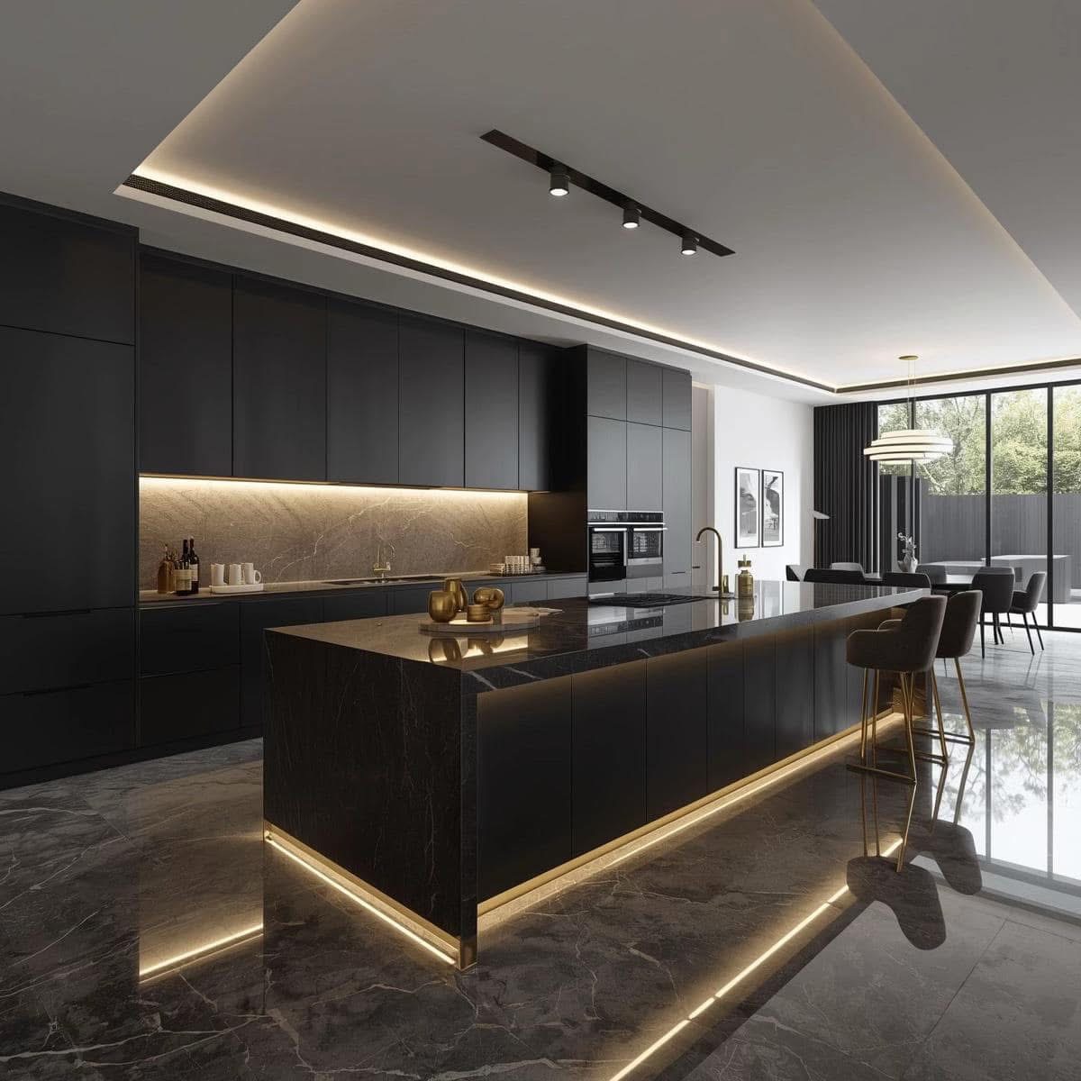 Modern dark kitchen with integrated cabinetry and warm lighting